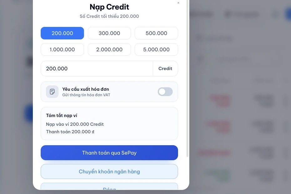 Hướng dẫn nạp Credit